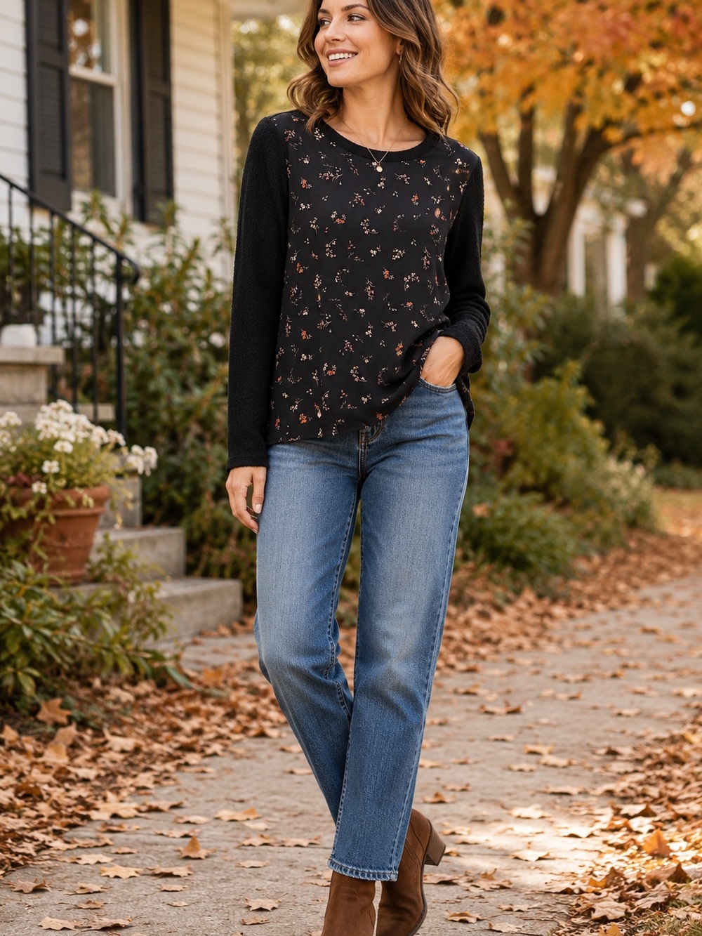 Kaileigh Black Floral Mixed Media Sweater Top Cottagecore Fall Large